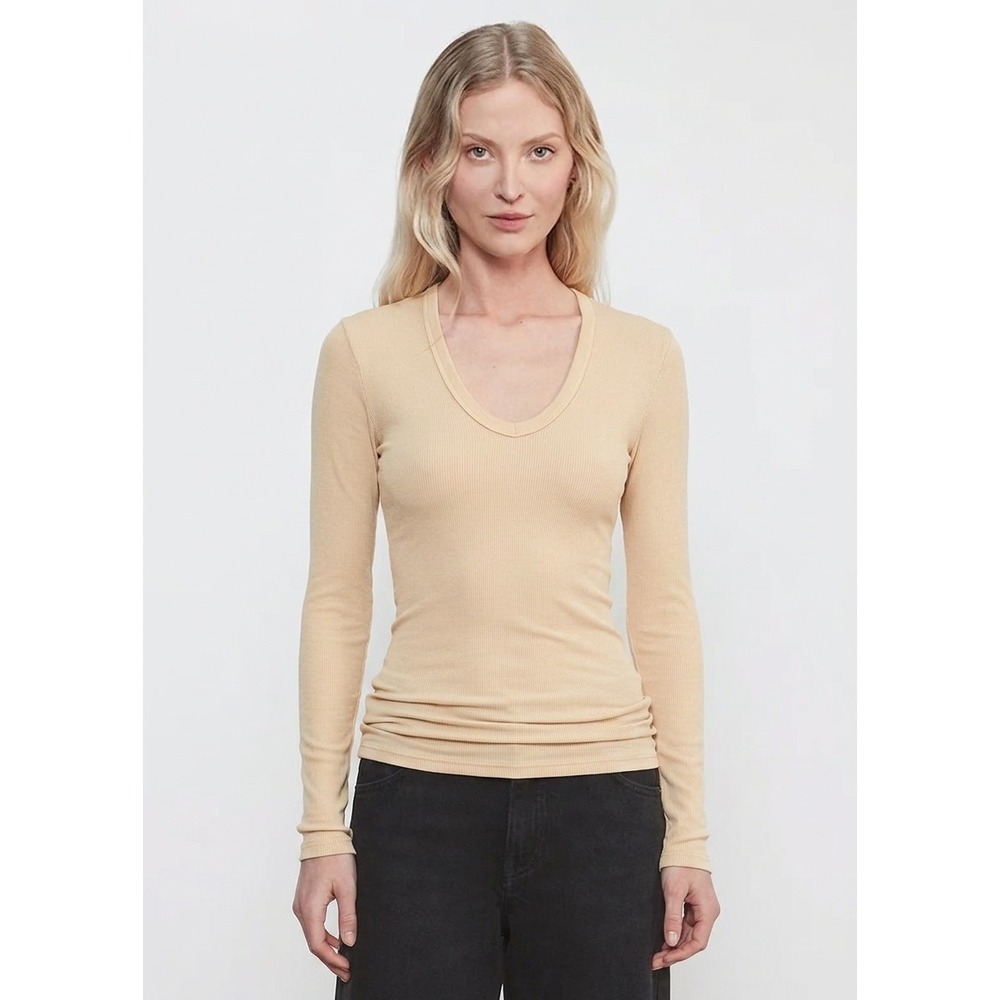 ENZA COSTA Fluid Silk Rib Long Sleeve U Top Women Medium Fawn Stretch Luxury NEW
